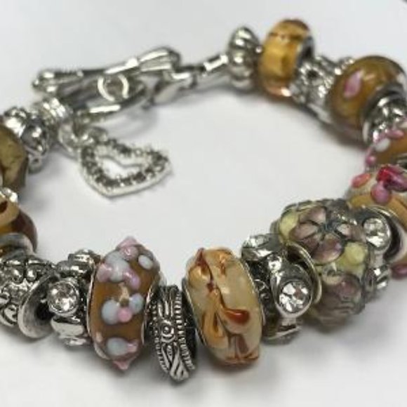 European Style Charm Bracelet with Murano Glass Beads, Toggle Clasp+Stopper,7.9" - Picture 3 of 13